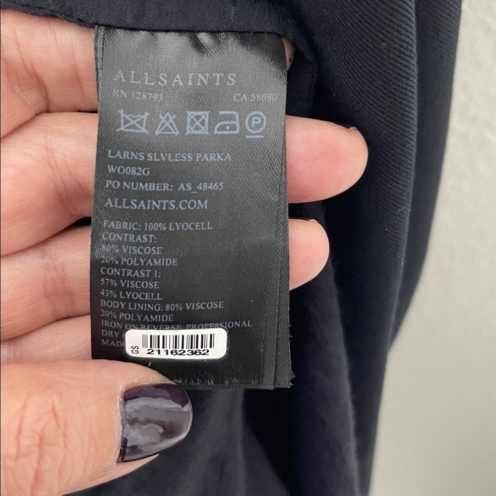 AllSaints Women's Black Larns Sleeveless Parka Full Zip w/ Pockets Long Size 8 - Picture 6 of 7